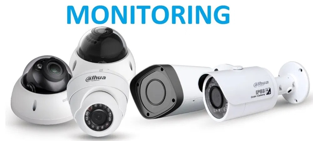 Zestaw różnorodnych kamer IP marki Dahua w kolorze białym, w tym kamery kopułkowe i tubowe, na jasnym tle z niebieskim napisem 'MONITORING' u góry.