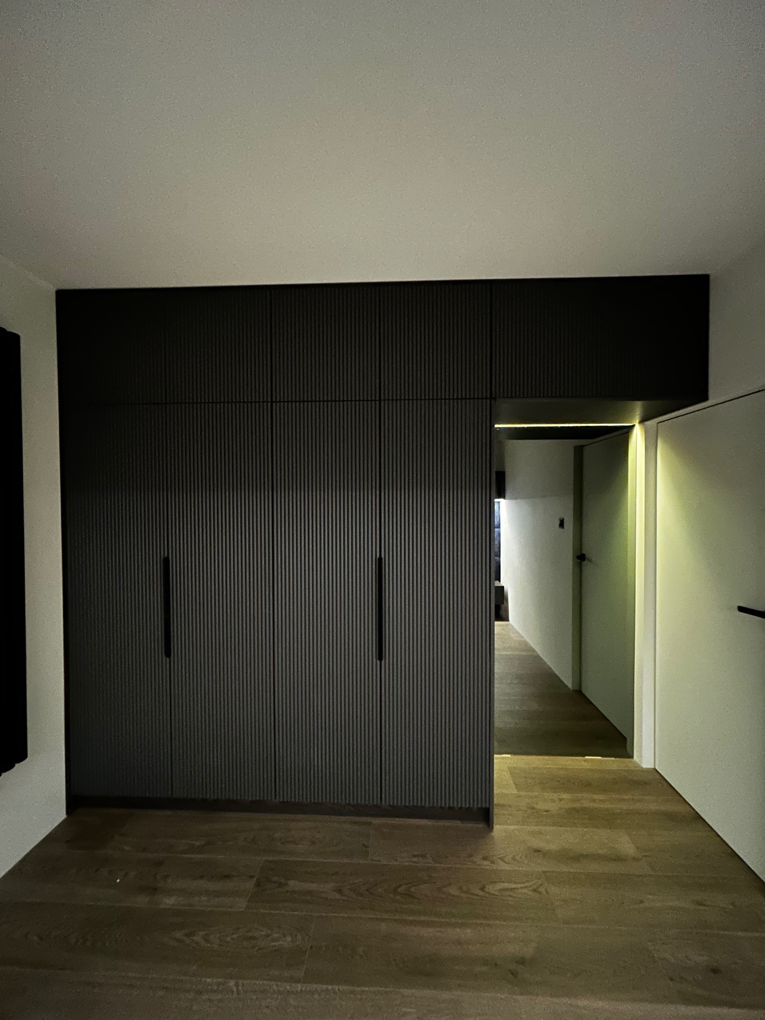 Nowoczesna, ciemna szafa wnękowa z ryflowanymi frontami, zintegrowana z oświetleniem nad przejściem do korytarza, na tle drewnianej podłogi.