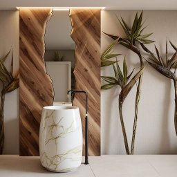 BK Design Barbara Kubica - Nowoczesna łazienka z umywalką wolnostojącą w marmurkowy wzór, drewnianą ramą lustra o nieregularnym kształcie i dekoracją z suszonych kwiatów strelicji.