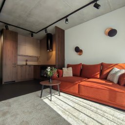 BK Design Barbara Kubica - Nowoczesny salon z aneksem kuchennym: ceglasta sofa, okrągły stolik z kwiatami, beżowa zabudowa kuchenna, betonowy sufit z oświetleniem szynowym i dekoracje ścienne.