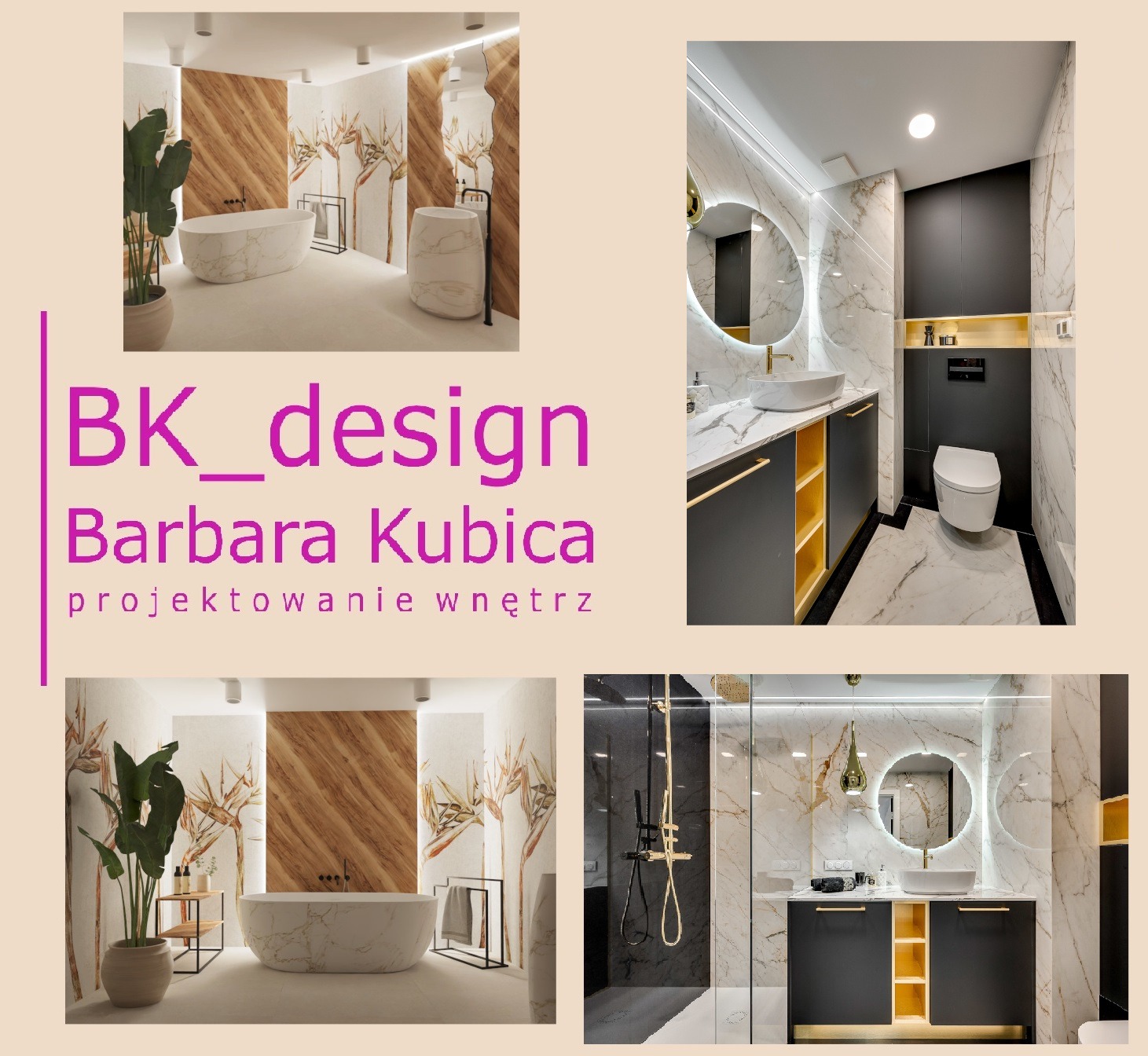 Kolaż czterech zdjęć łazienek: marmurowa wanna wolnostojąca z rośliną, umywalka z okrągłym lustrem podświetlonym LED, wanna wolnostojąca z drewnianym panelem i umywalka z czarną kabiną prysznicową.