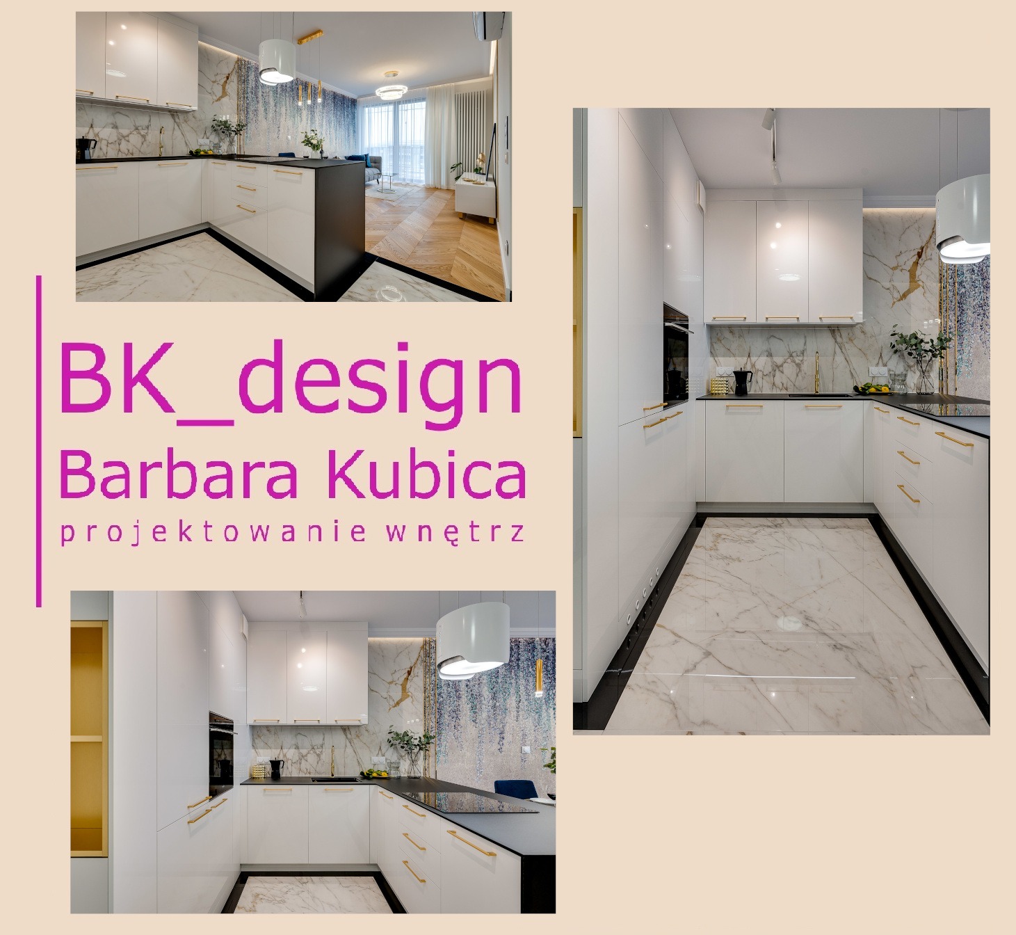 Jasna kuchnia z białymi, błyszczącymi szafkami i złotymi uchwytami, czarny blat i marmurowa podłoga, widok na salon z parkietem w jodełkę i dekoracyjną ścianą.