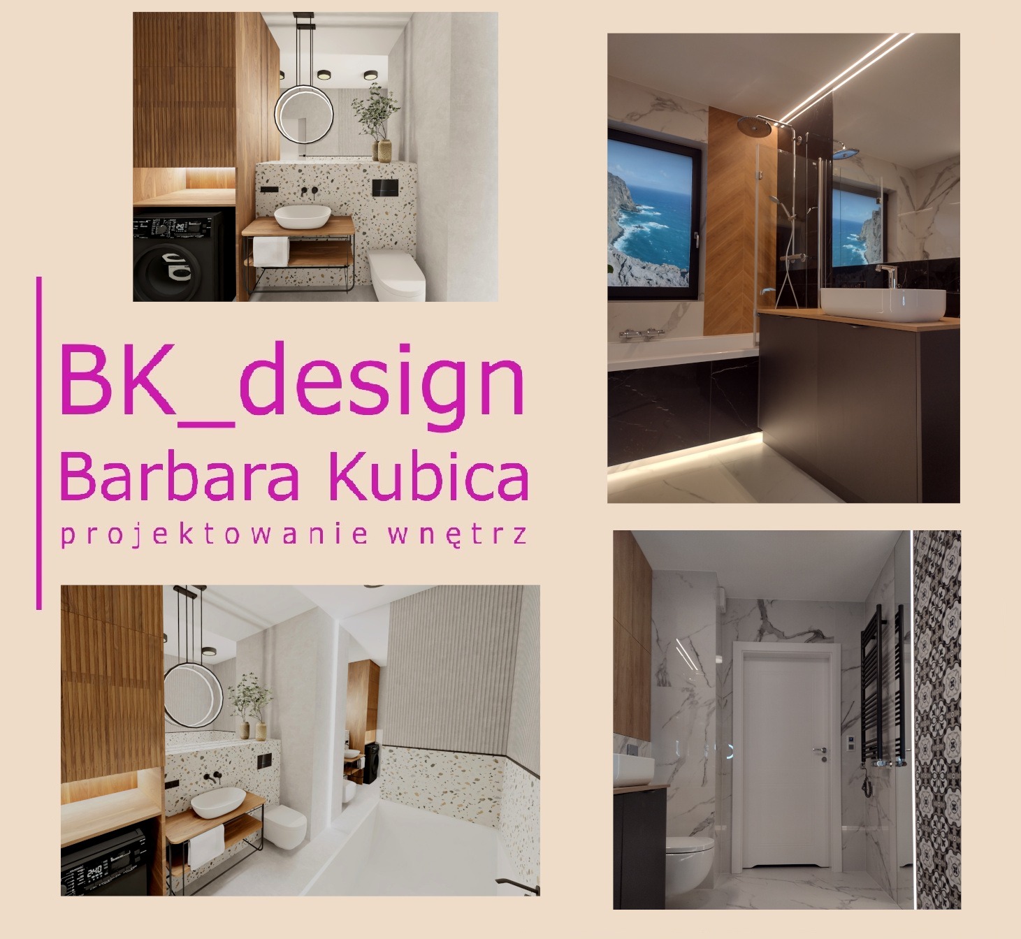 Kolaż prezentujący wizualizacje nowoczesnych łazienek z elementami drewna, marmuru i terazzo, z logo 'BK_design Barbara Kubica projektowanie wnętrz' nałożonym na kompozycję.