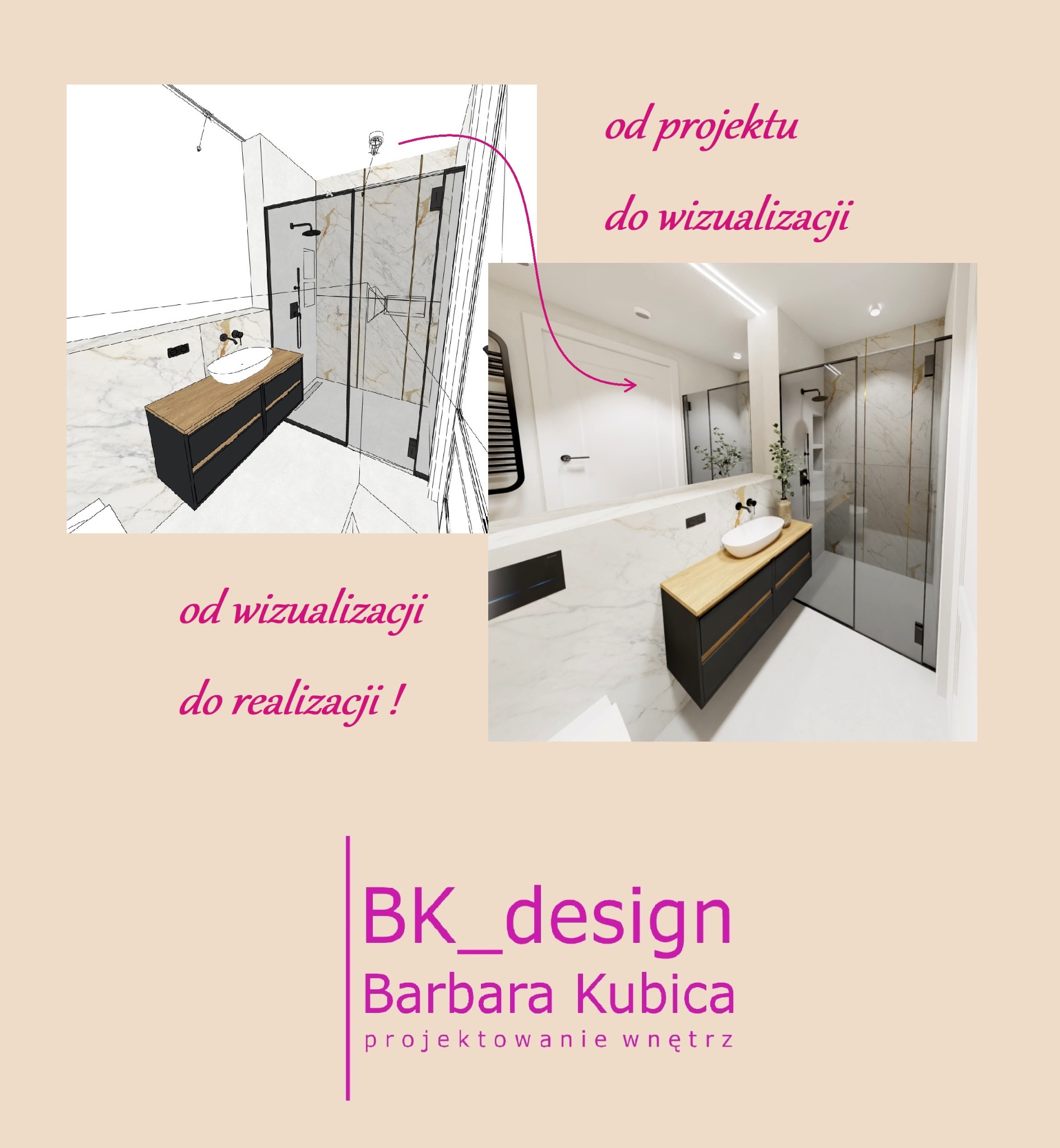 Porównanie wizualizacji 3D łazienki z jej zrealizowaną wersją: kabina prysznicowa typu walk-in z czarnymi ramami i elementami w kolorze złota, umywalka nablatowa na szafce z drewnianym blatem...