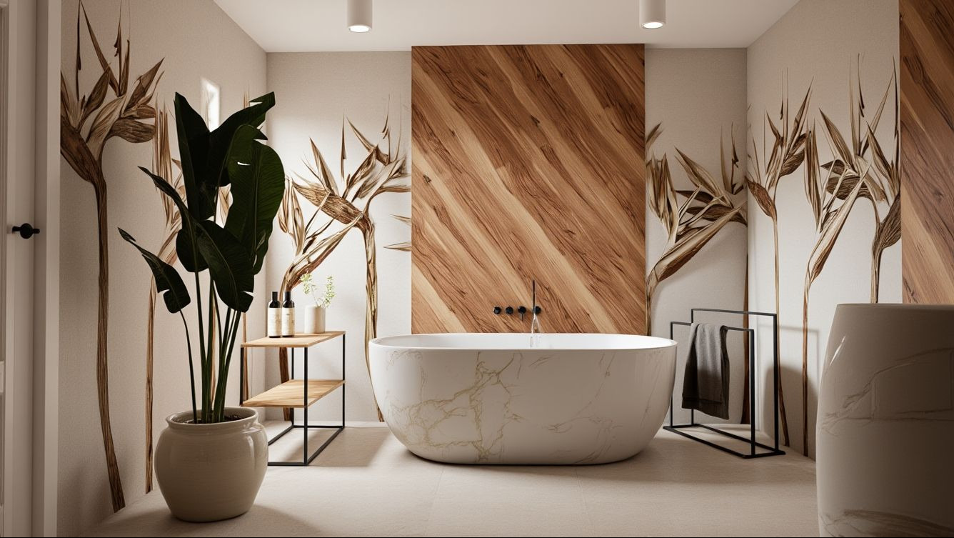 Nowoczesna łazienka z wolnostojącą wanną w marmurkowy wzór, drewnianą ścianą w ukośne pasy i motywem roślinnym na ścianach. Minimalistyczny design.