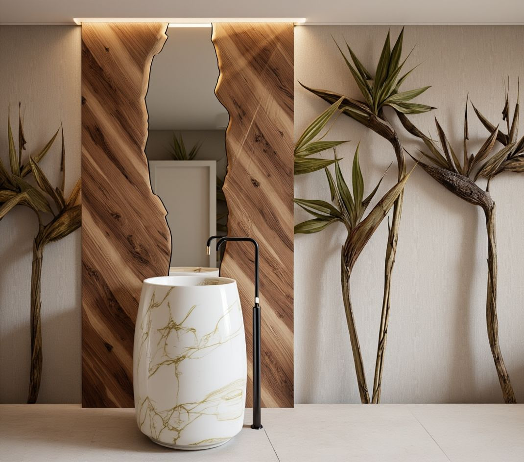 Nowoczesna łazienka z umywalką wolnostojącą w marmurkowy wzór, drewnianą ramą lustra o nieregularnym kształcie i dekoracją z suszonych kwiatów strelicji.