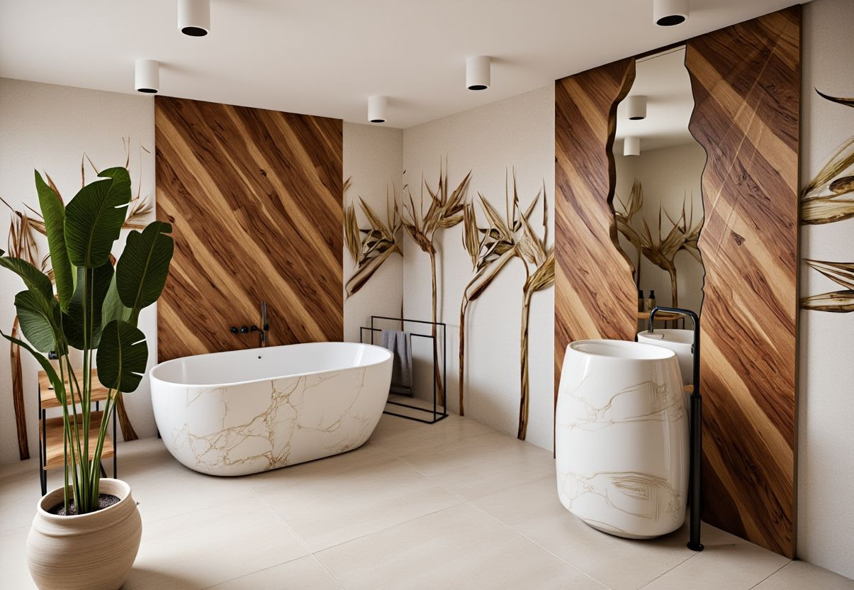 Nowoczesna łazienka z wanną wolnostojącą i umywalką na postumencie, drewniane panele ścienne z lustrem o nieregularnym kształcie, akcenty roślinne.