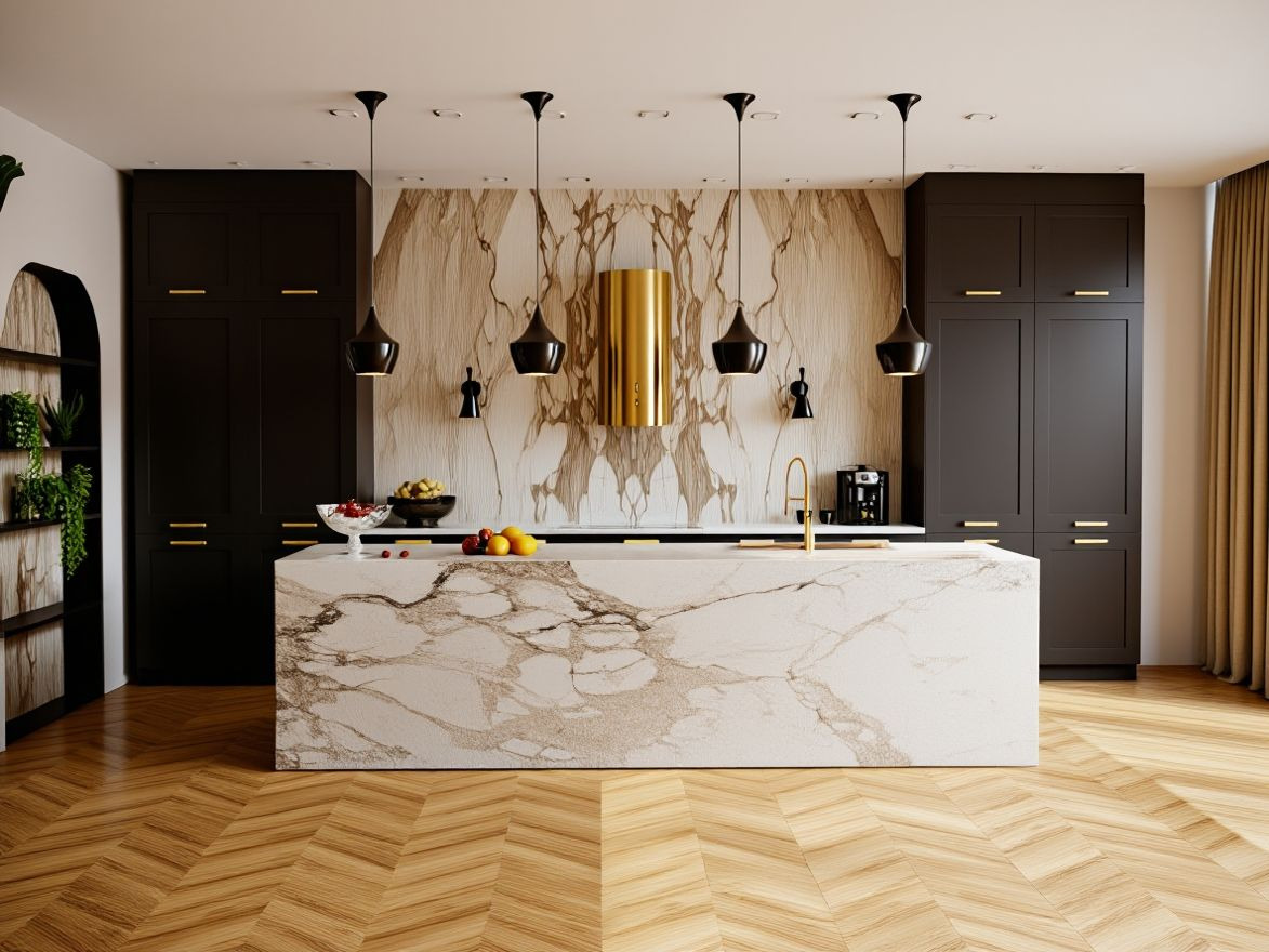 Ekskluzywna kuchnia z wyspą z marmuru Calacatta, czarnymi szafkami i złotymi akcentami. Parkiet w jodełkę i designerskie lampy wiszące dodają elegancji.