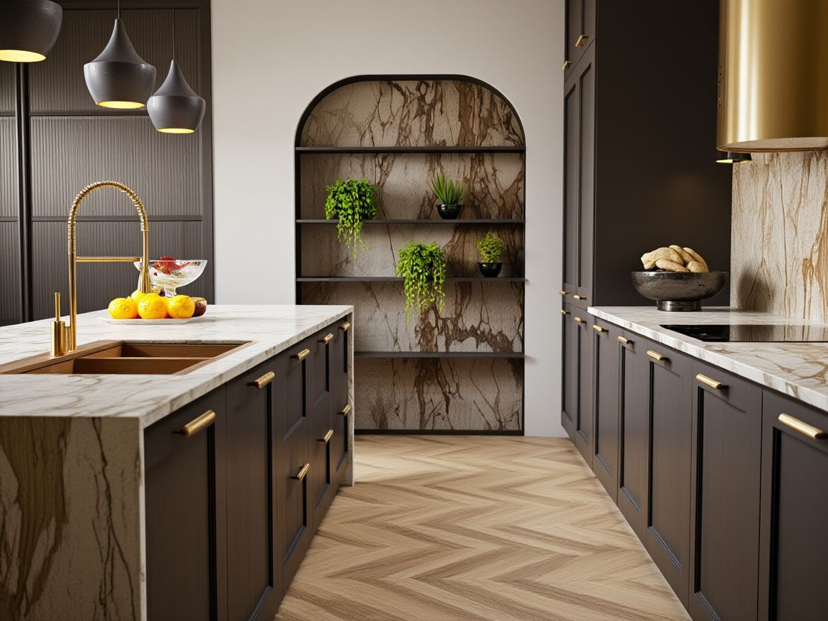Elegancka kuchnia z ciemnymi szafkami, marmurowym blatem i złotymi akcentami. Na wyspie owoce, w tle półka z roślinami i parkiet w jodełkę.