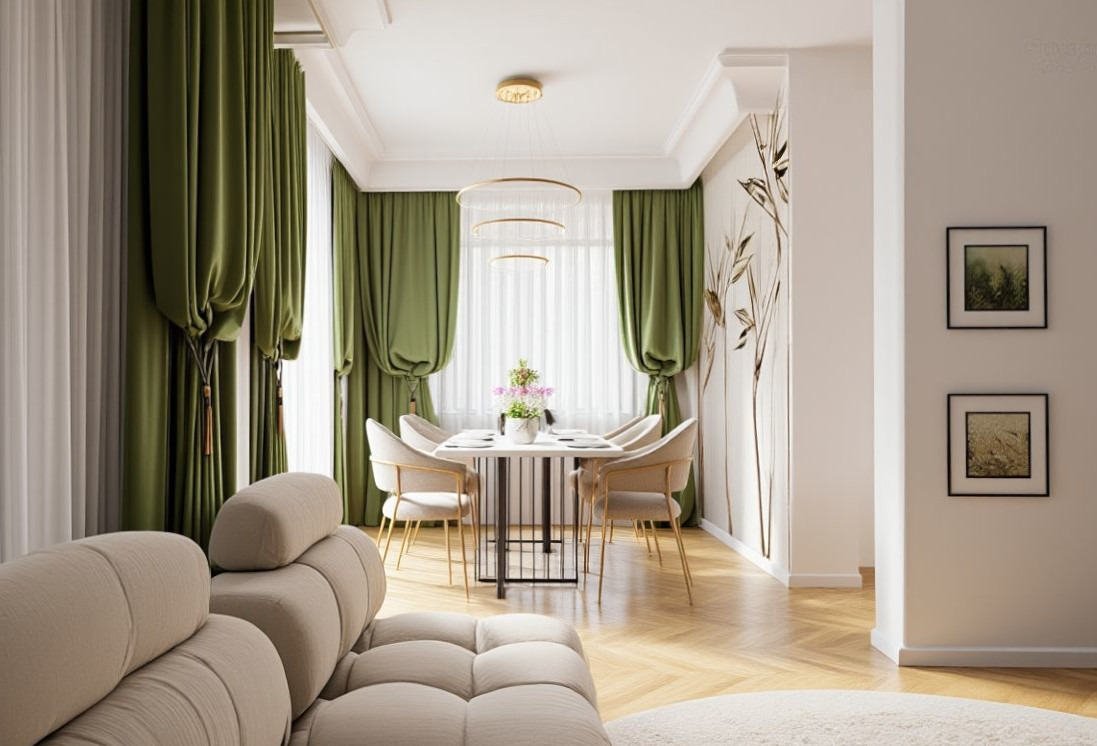 Jasne wnętrze jadalni z zielonymi zasłonami, okrągłym żyrandolem i drewnianą podłogą w jodełkę. Na ścianie grafika z motywem roślinnym i dwa obrazy w czarnych ramkach.