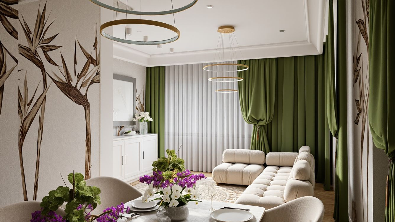 Eleganckie wnętrze: kremowa sofa modułowa, stół z kwiatami, zielone zasłony i lampy pierścieniowe. Tapeta w roślinny wzór dodaje unikalnego charakteru.