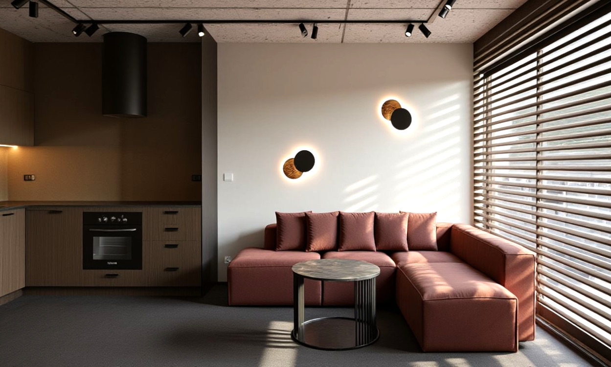 Nowoczesne wnętrze: kuchnia z brązowymi szafkami, narożna sofa w odcieniach różu, okrągły stolik kawowy i designerskie lampy ścienne.