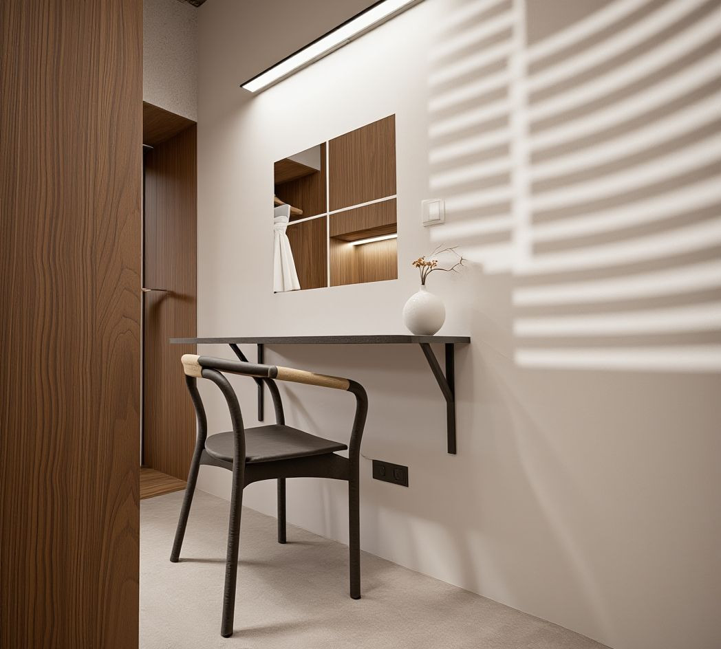 Minimalistyczna aranżacja wnętrza z drewnianą szafą wnękową odbijającą się w lustrze, czarnym krzesłem i półką. Na półce wazon z gałązkami. Cień żaluzji na ścianie.