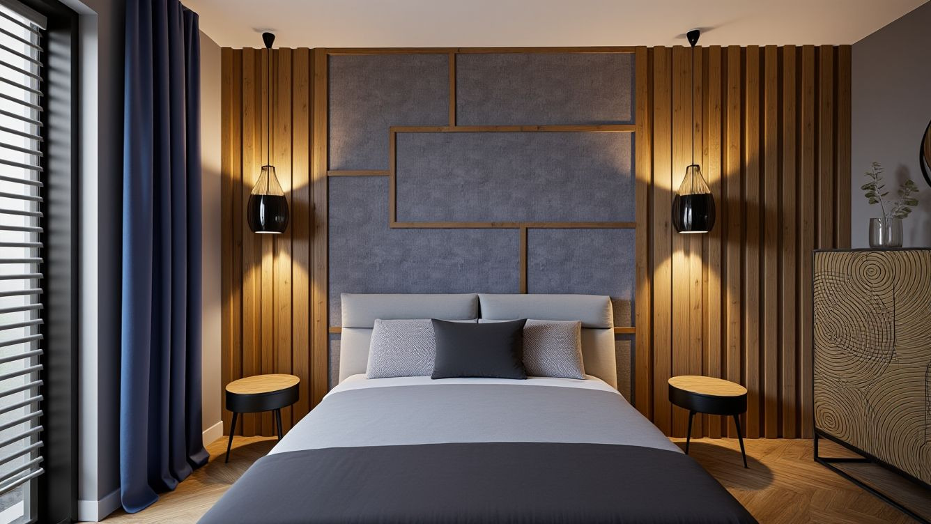 Nowoczesna sypialnia z drewnianą ścianą, szarą tapetą w geometryczne wzory i minimalistycznymi lampami wiszącymi. Uwagę przykuwa szafka nocna z blatem imitującym drewno.