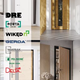 FINESTRA S.C. DANIEL LULEWICZ, MICHAŁ KULESZA - Kolaż różnych drzwi wewnętrznych i zewnętrznych z logo producentów, prezentujący różnorodność wzorów i stylów w aranżacjach wnętrz.