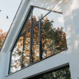 FINESTRA S.C. DANIEL LULEWICZ, MICHAŁ KULESZA - Duże, trójkątne okno z czarną ramą w białym budynku. W szybach odbijają się drzewa z jesiennymi liśćmi, a na niebie widać dwa ptaki.