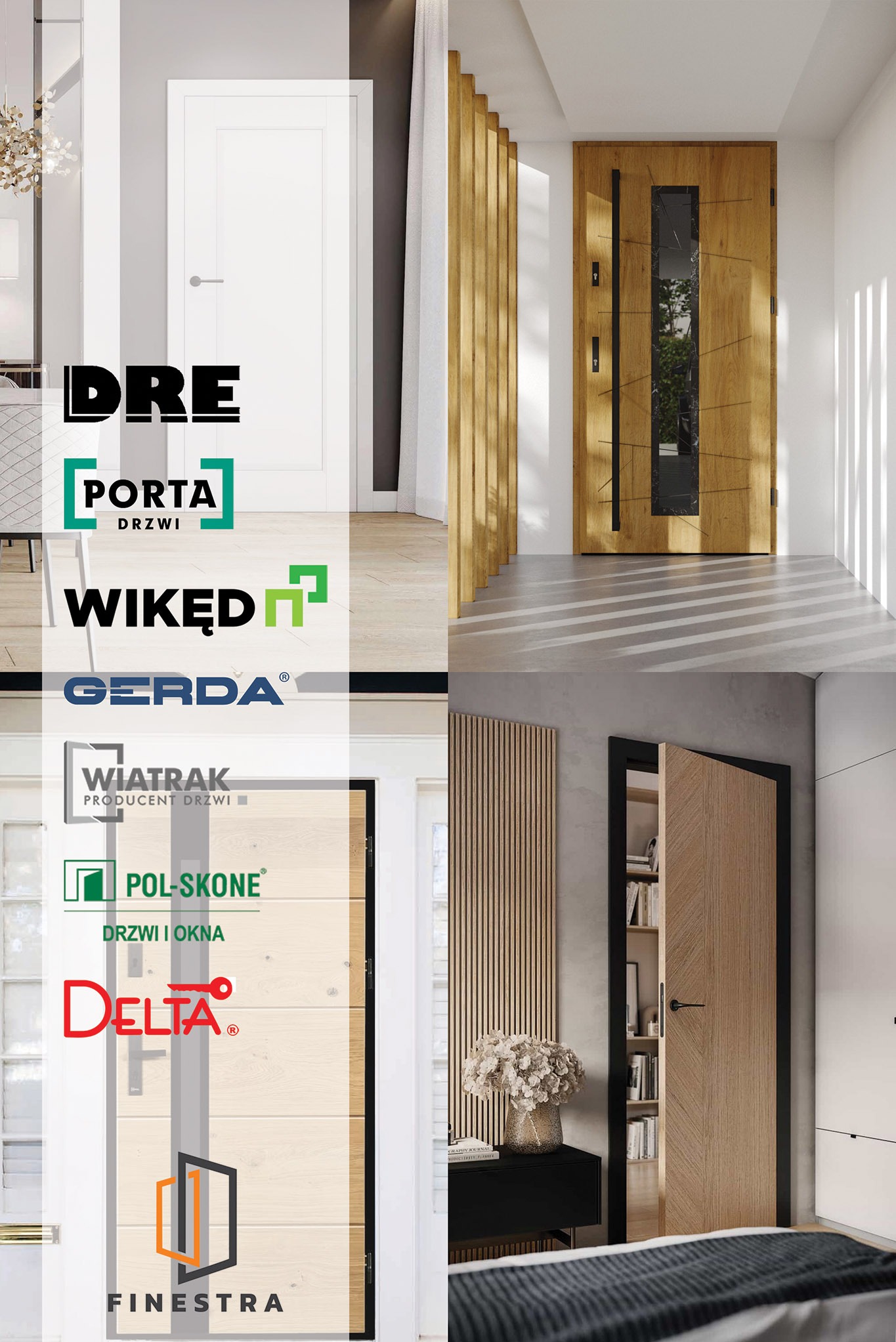 Kolaż różnych drzwi wewnętrznych i zewnętrznych z logo producentów, prezentujący różnorodność wzorów i stylów w aranżacjach wnętrz.