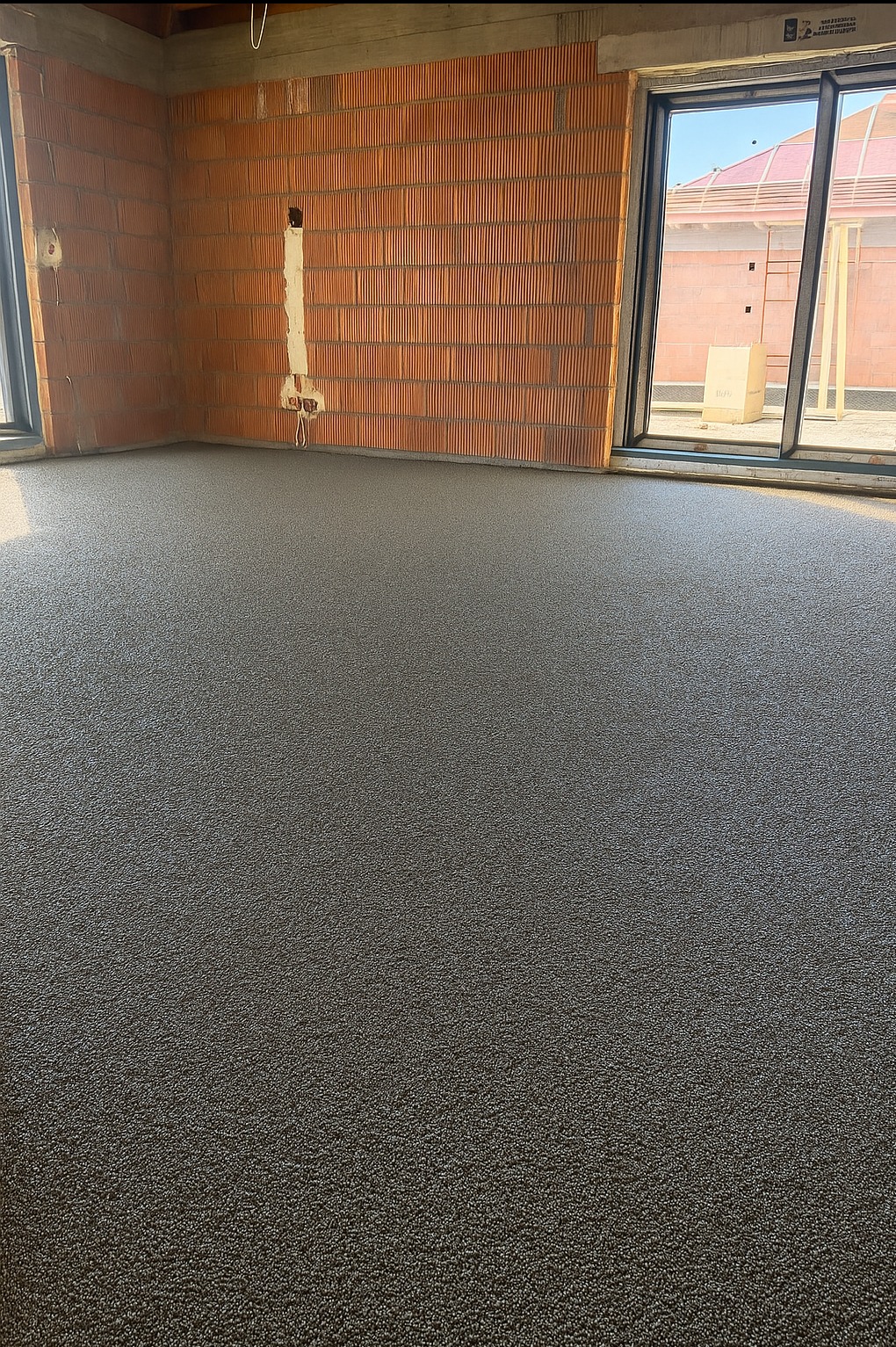 Świeżo wylana, szara posadzka jastrychowa w surowym wnętrzu z ceglanymi ścianami i dużymi oknami. Widoczne przewody elektryczne w ścianie.