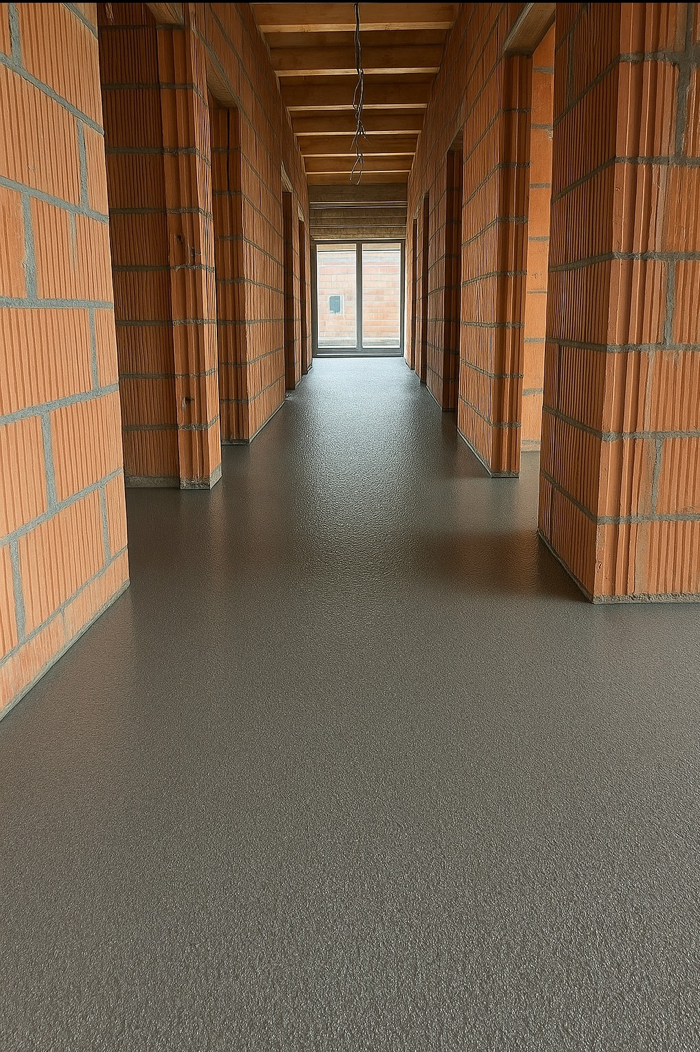 Wnętrze w trakcie budowy z gładką, szarą posadzką jastrychową i surowymi ścianami z cegły. Widok na okno w oddali, sufit z drewnianych belek.