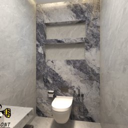 BEE REMONT ANIS DJEBAILI - Nowoczesna łazienka z marmurowymi płytkami w odcieniach szarości i czerni, z wnękami w ścianie i podwieszaną toaletą, widoczny fragment umywalki z logo firmy.