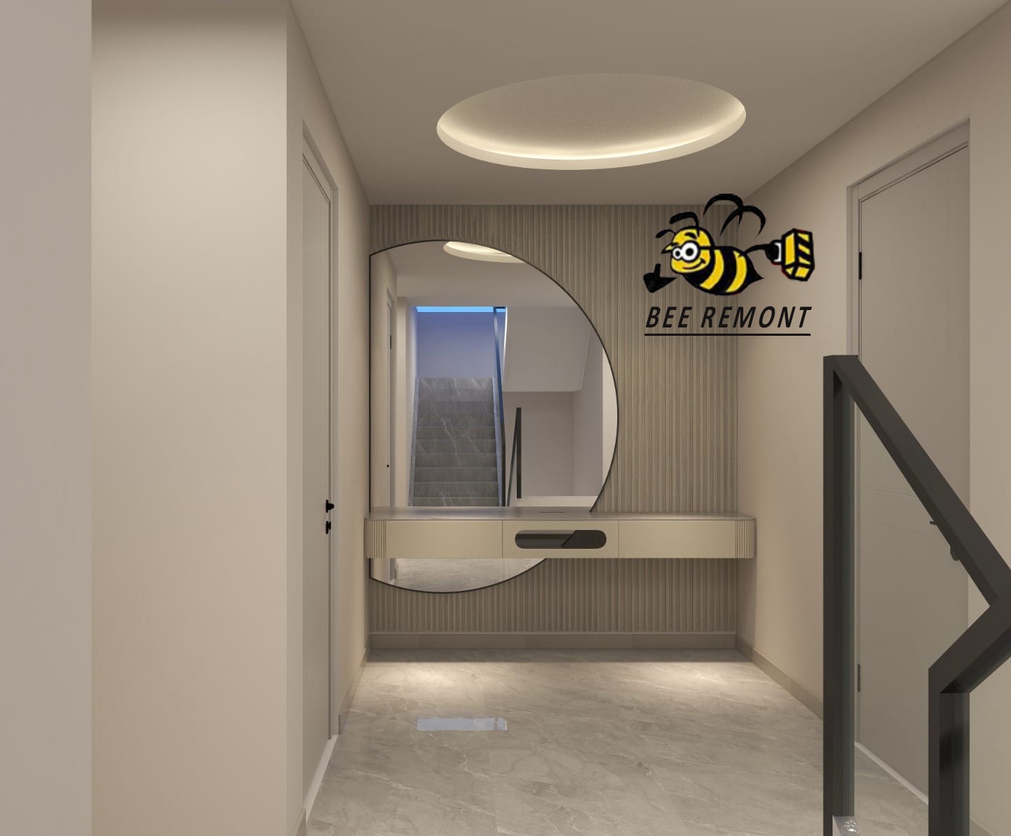 Wnętrze przedpokoju z lustrem w kształcie półkola, konsolą i dekoracyjną ścianą z pionowymi żłobieniami, widoczne schody w odbiciu lustra, logo firmy remontowej w prawym górnym rogu.