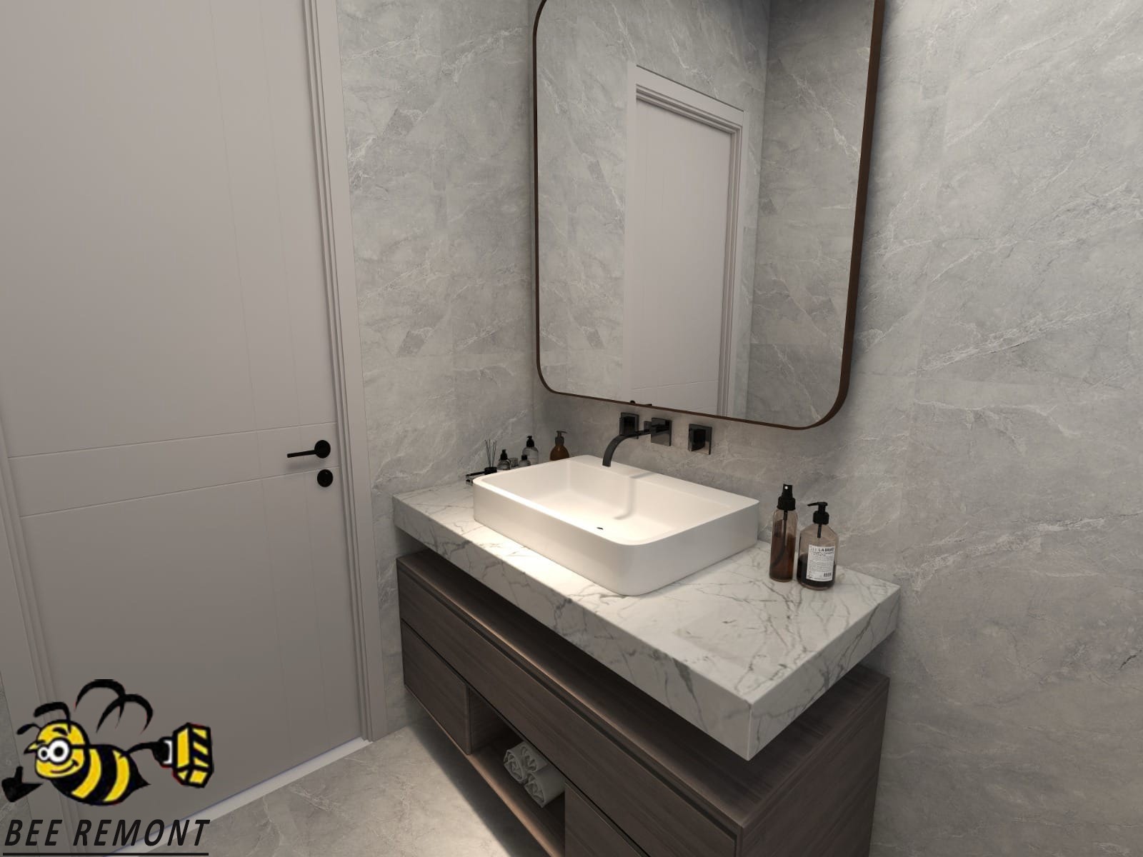 Nowoczesna łazienka z marmurowymi płytkami, prostokątną umywalką nablatową i dużym lustrem w brązowej ramie. Widoczna biała szafka pod umywalką z ciemnymi szufladami i białe drzwi po lewej stronie.