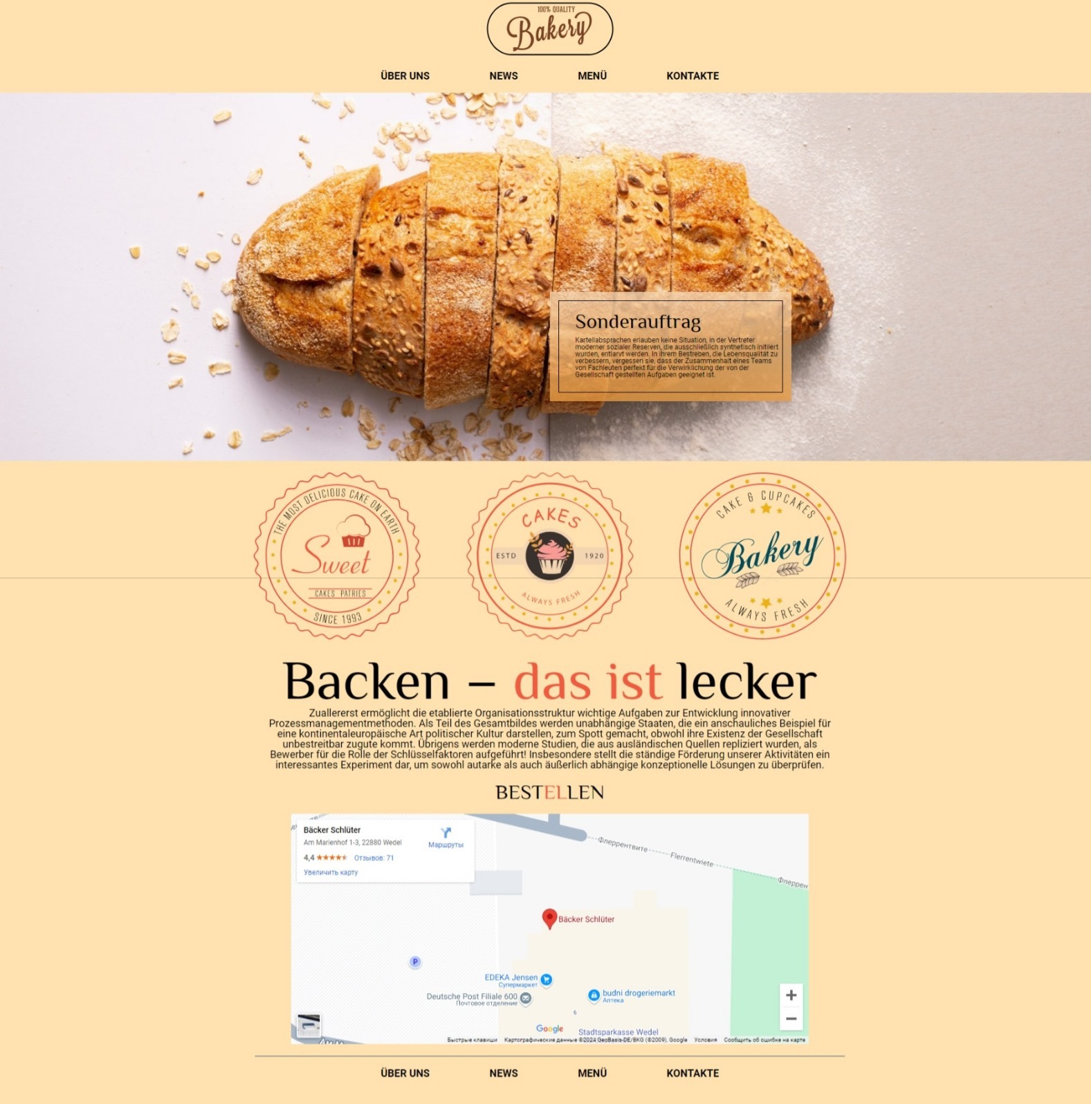 Projekt strony internetowej piekarni z chlebem na pierwszym planie, widoczne logo i nawigacja, z mapą lokalizacji piekarni na dole strony.