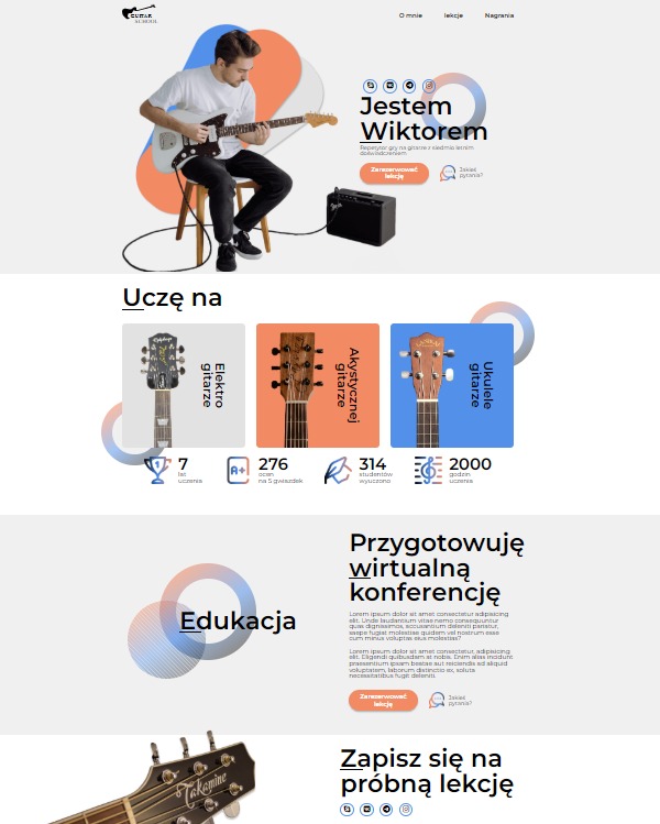 Reklama lekcji gry na gitarze Strona promująca usługi nauki gry na gitarze, zawierająca szczegóły oferty i kontakt.