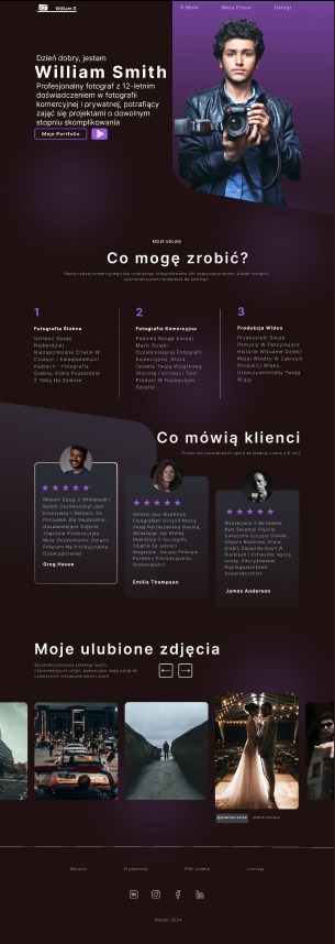 Strona internetowa fotografa Williama Smitha, prezentująca jego portret z aparatem, ofertę fotografii ślubnej, komercyjnej i kamerzysty oraz opinie klientów i galerię ulubionych zdjęć.