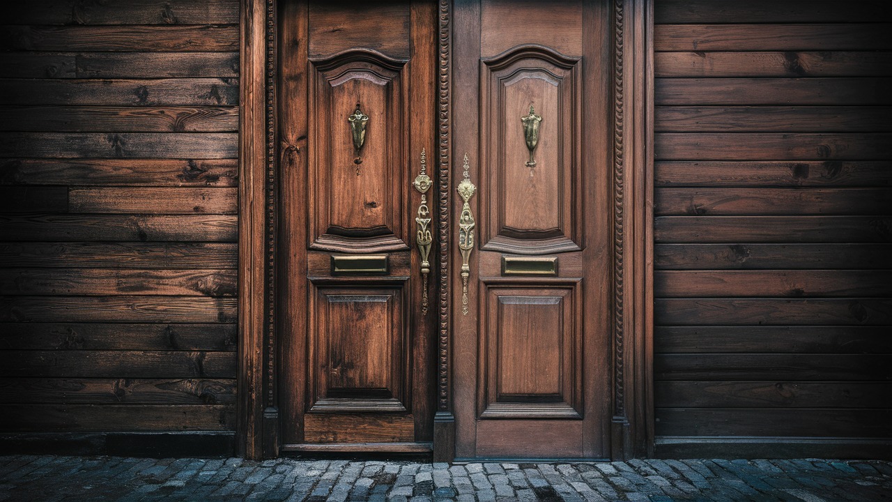 Rustykalne, drewniane, dwuskrzydłowe drzwi z mosiężnymi okuciami i skrzynkami na listy, otoczone drewnianą ścianą i brukowaną podłogą.