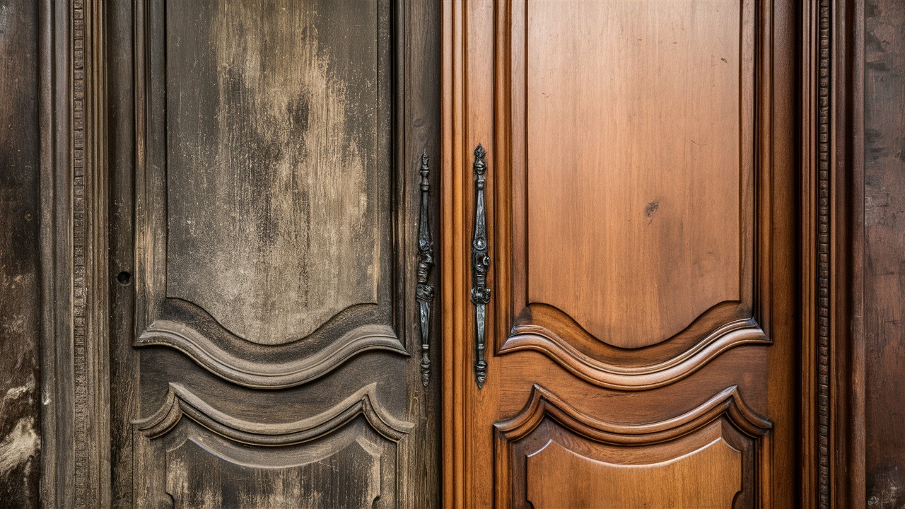 Renowacja drewnianych drzwi: połowa drzwi oczyszczona i odnowiona, ukazująca kontrast między stanem przed i po zabiegu, z widocznymi detalami rzeźbień i metalowymi uchwytami.