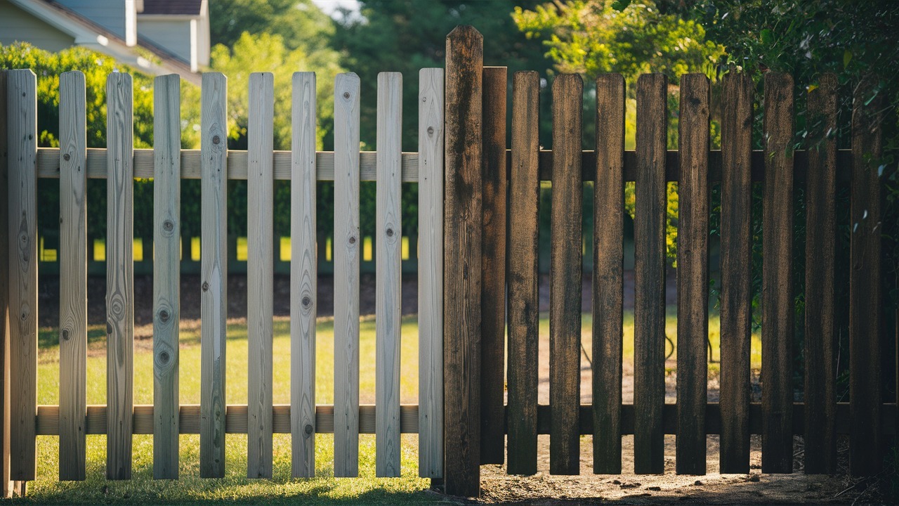 Drewniany płot: połowa wyczyszczona, ukazująca różnicę między brudną a odnowioną powierzchnią, z widoczną strukturą drewna i zielonym tłem trawnika.