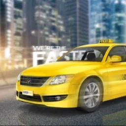 Żółta taksówka z napisem 'TAXI' na dachu i boku, na tle rozmytego krajobrazu miejskiego.