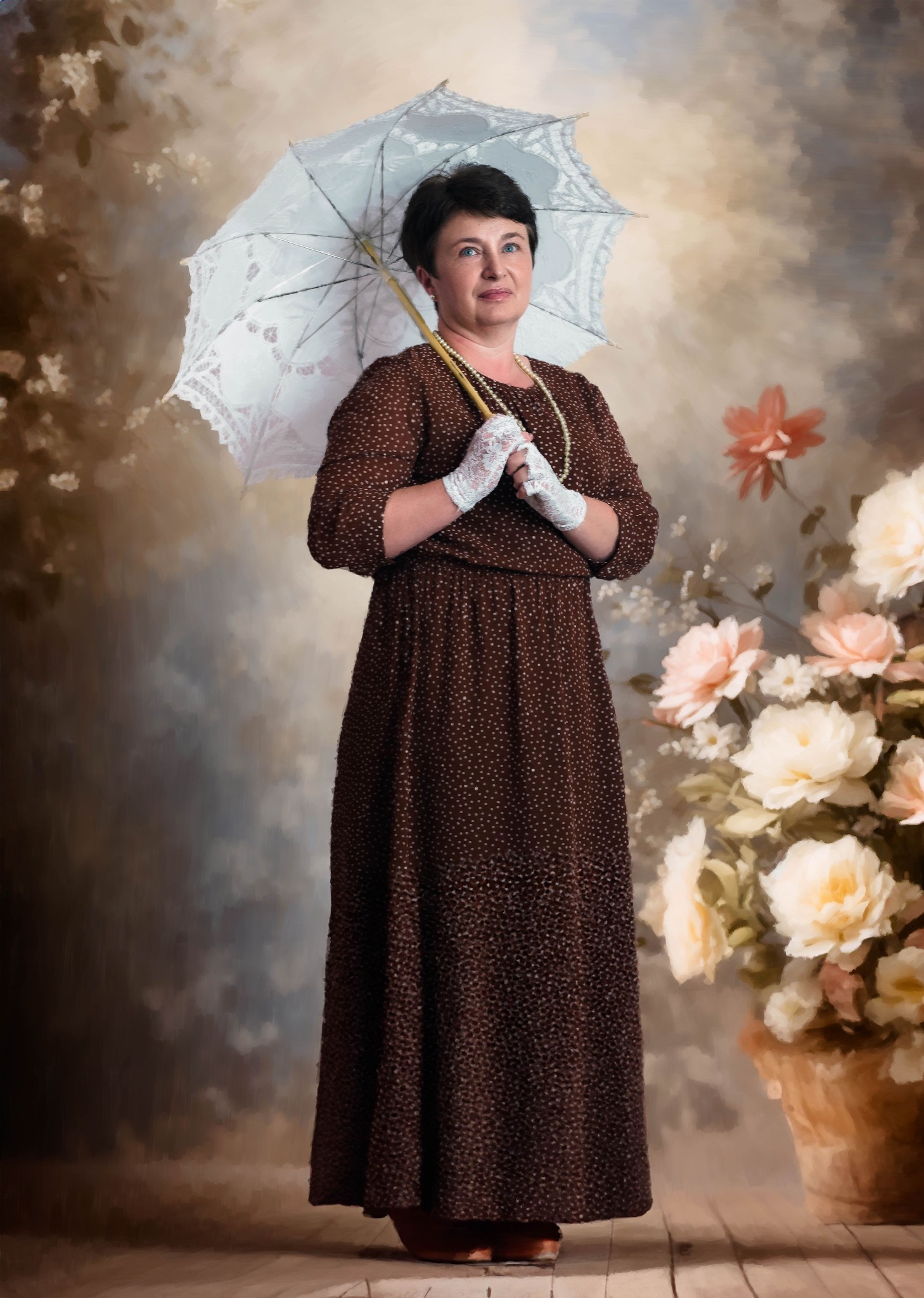 Portret kobiety w brązowej sukience w kropki, białych koronkowych rękawiczkach i perłowym naszyjniku, trzymającej biały parasol na tle kwiatów i abstrakcyjnego tła.