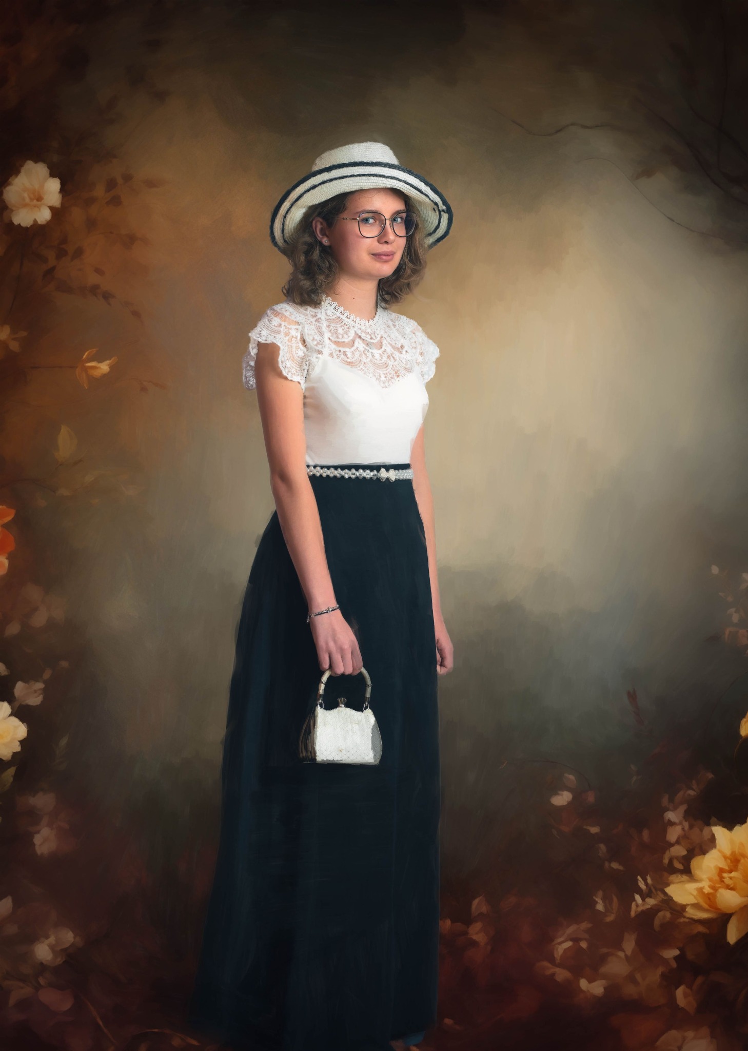 Portret młodej kobiety w sukni w stylu retro, kapeluszu i okularach, trzymającej małą, błyszczącą torebkę na tle malowanego, kwiatowego tła.