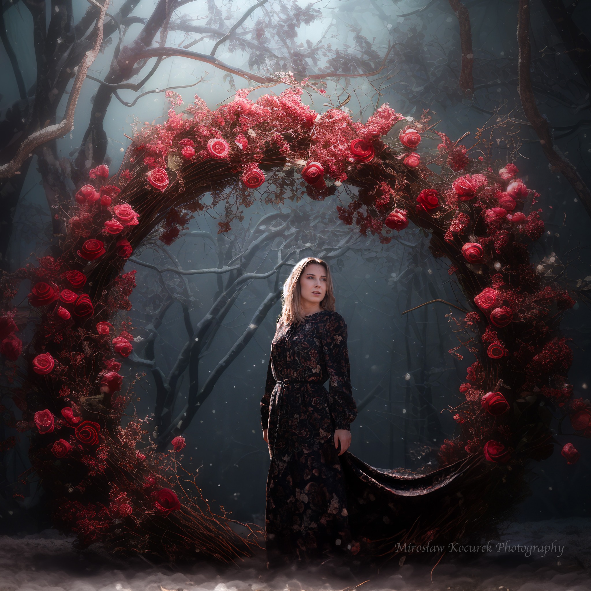 Kobieta w kwiecistej sukni pozuje w lesie wewnątrz okręgu z czerwonych róż i gałązek, na tle mglistego lasu.