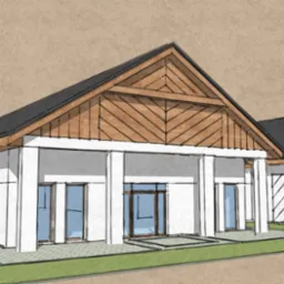 Szkic projektu domu jednorodzinnego z garażem, widoczne duże okna, drewniana konstrukcja dachu i elewacja w kolorze białym.