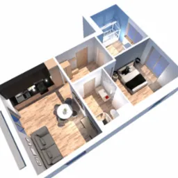 Wizualizacja 3D przekroju mieszkania z aranżacją: kuchnia z czarnymi szafkami, salon z szarą sofą i okrągłym stołem, łazienka z owalnym lustrem oraz sypialnia z czarno-białą pościelą.