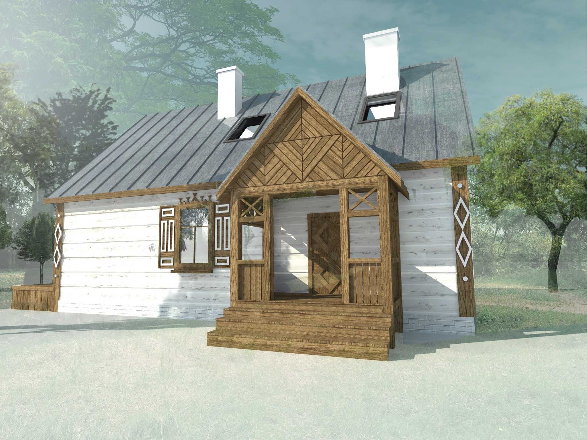 Wizualizacja domu w stylu rustykalnym z drewnianym gankiem i białymi ścianami, szara blacha na dachu, kominy i okna dachowe, otoczenie z drzewami w tle.