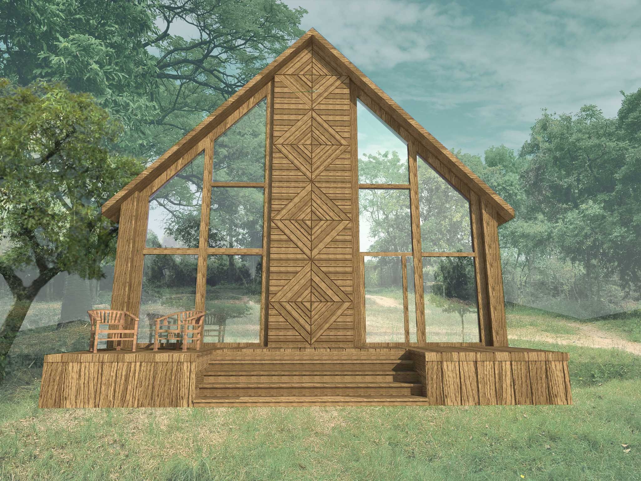 Wizualizacja drewnianego domu z dużymi oknami i dekoracyjnym panelem z drewna na fasadzie, otoczonego zielenią.