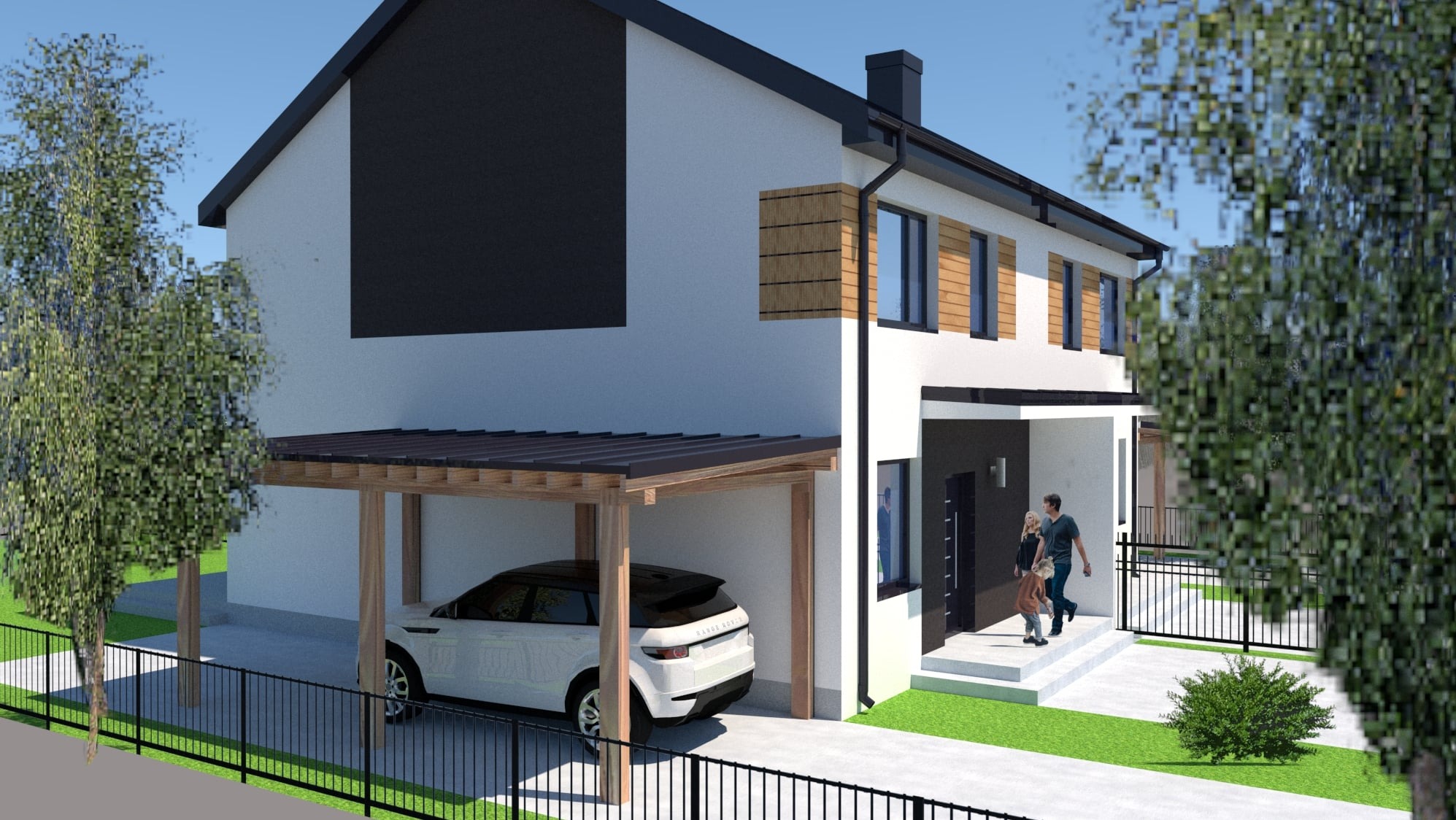 Wizualizacja dwukondygnacyjnego domu z płaskim dachem, z drewnianą wiatą garażową i zaparkowanym białym SUV-em, para z dzieckiem wchodzi do domu.