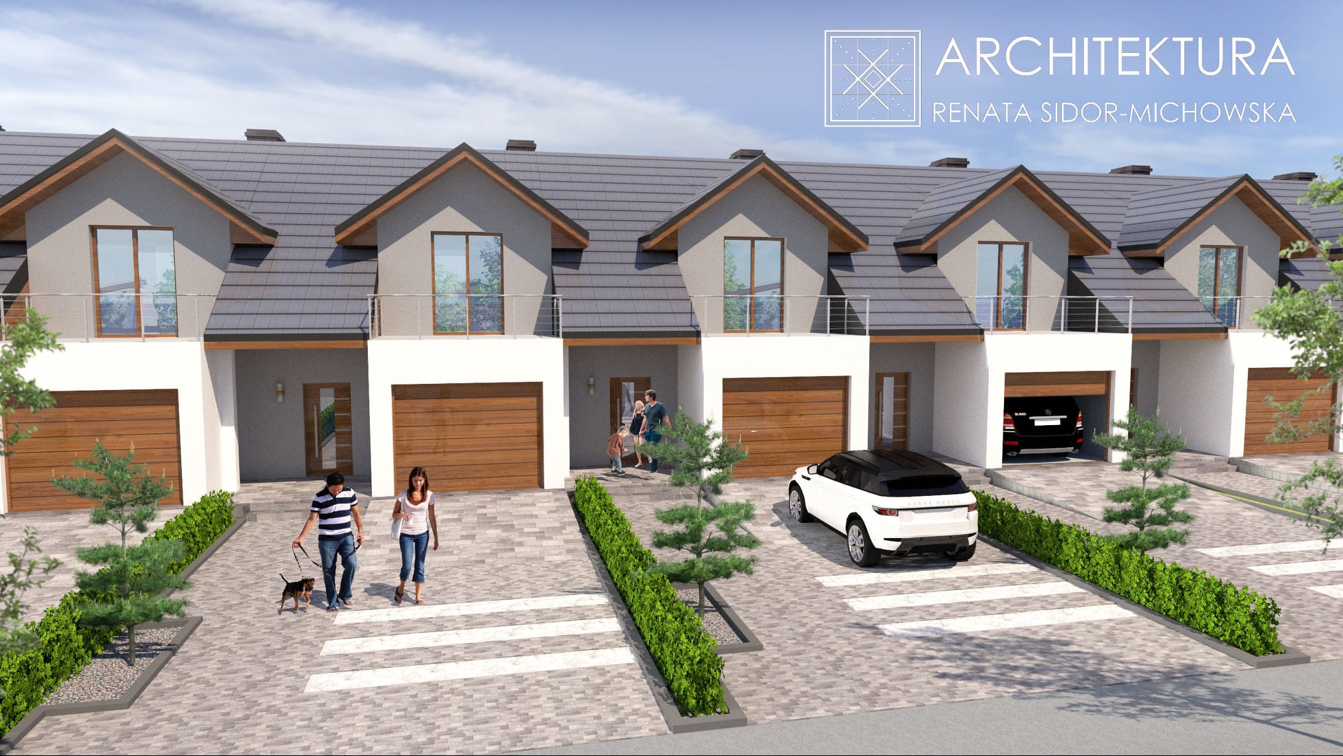 Wizualizacja szeregu nowoczesnych domów jednorodzinnych z garażami, na podjeździe spacerująca para z psem i zaparkowany biały samochód, w tle w otwartym garażu widoczny czarny samochód, na górze...