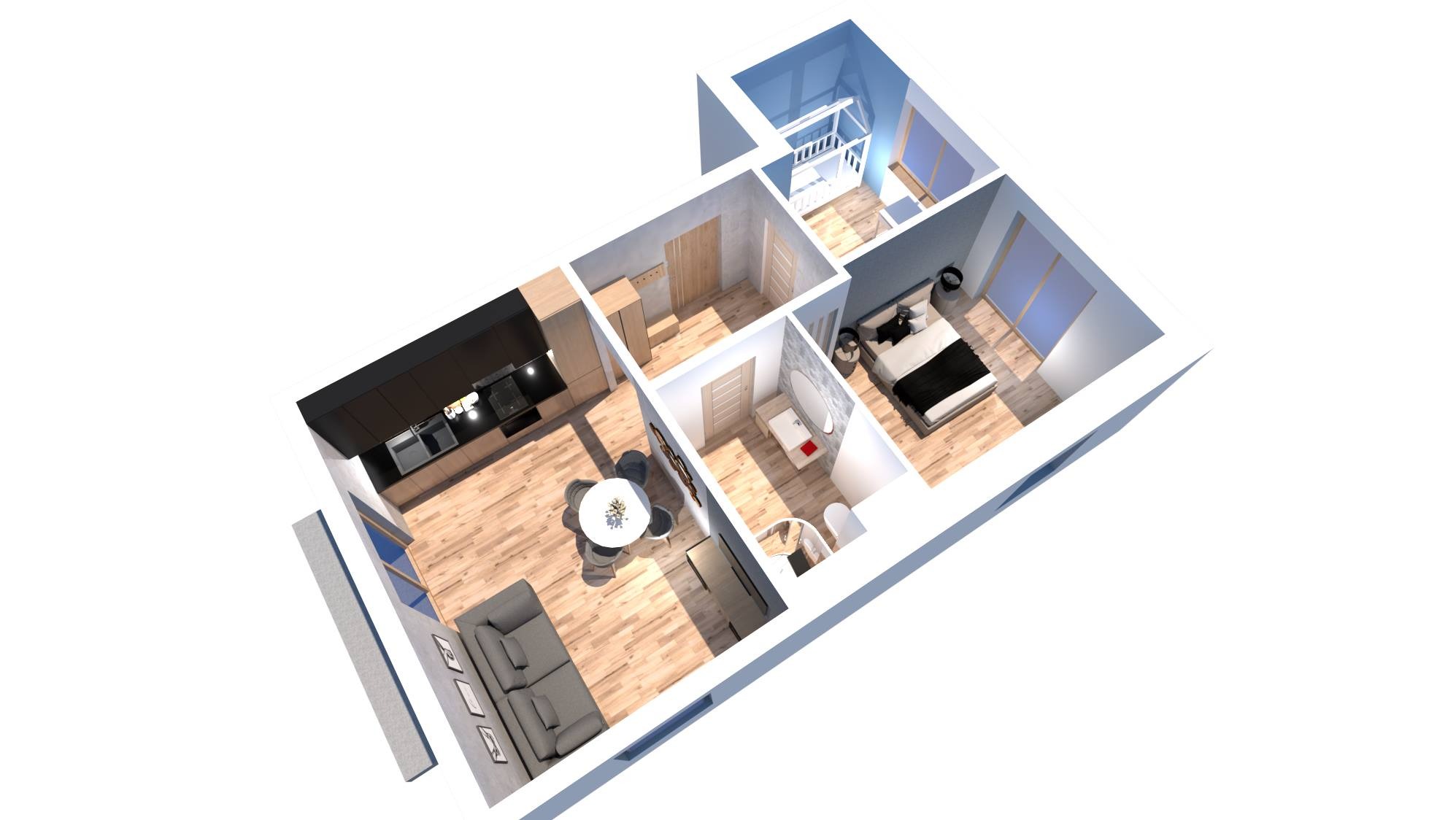 Wizualizacja 3D przekroju mieszkania z aranżacją: kuchnia z czarnymi szafkami, salon z szarą sofą i okrągłym stołem, łazienka z owalnym lustrem oraz sypialnia z czarno-białą pościelą.