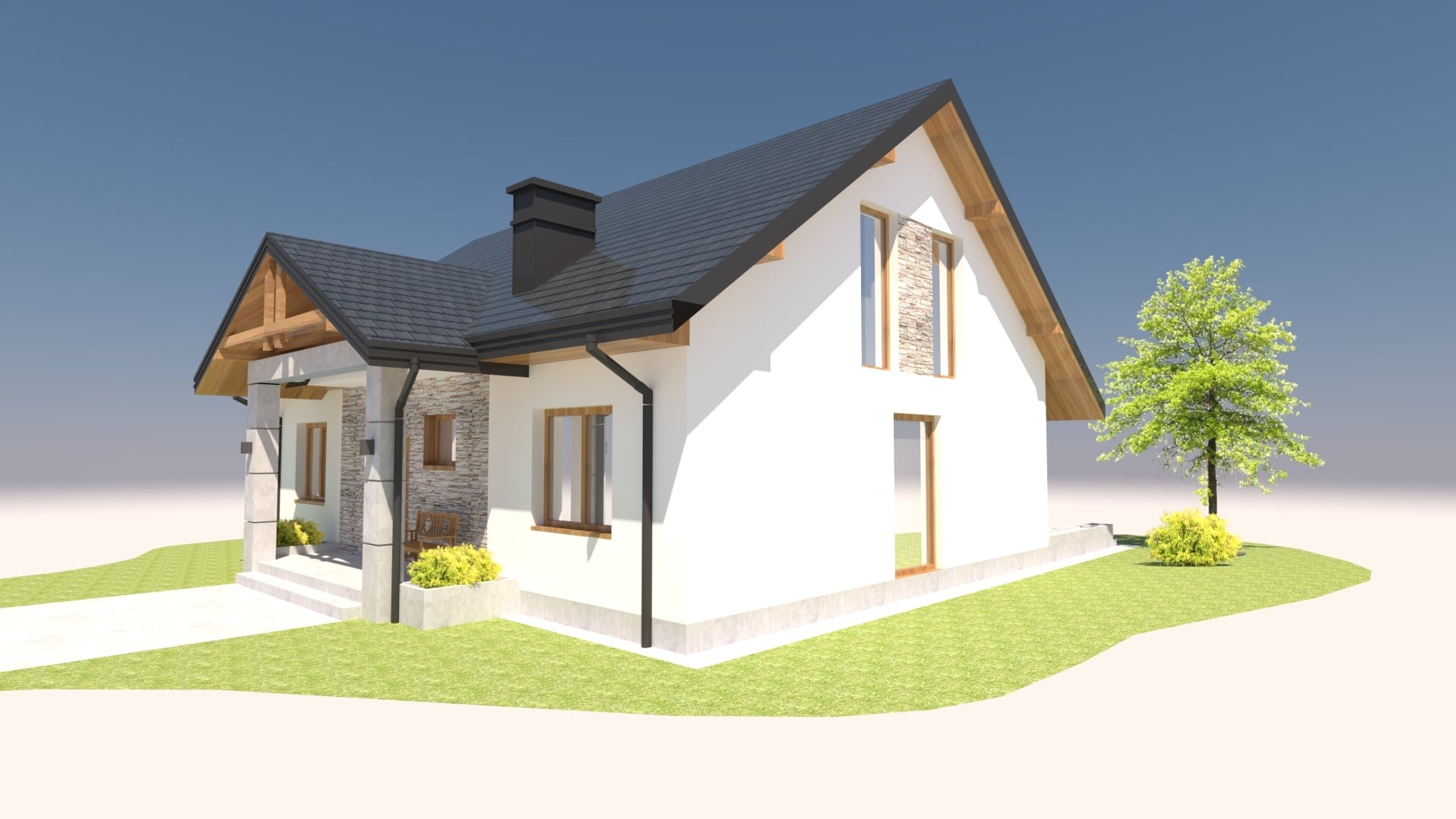 Wizualizacja domu jednorodzinnego z białymi ścianami, ciemnoszarą dachówką i elementami elewacji z kamienia, widok z boku na werandę i ogród.