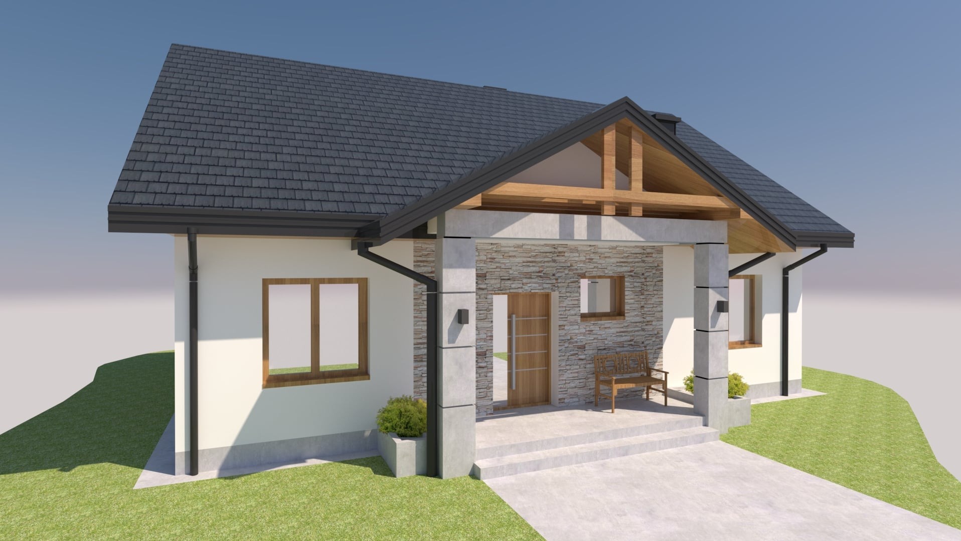 Wizualizacja domu jednorodzinnego z kamienną elewacją frontową, drewnianą konstrukcją zadaszenia wejścia i ciemną dachówką, prezentująca projekt architektoniczny.