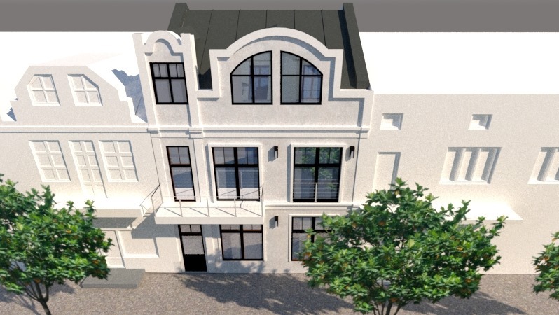 Wizualizacja elewacji szeregowca w stylu klasycystycznym z charakterystycznymi oknami i balkonami, widok z góry w słoneczny dzień, z drzewami w pierwszym planie.