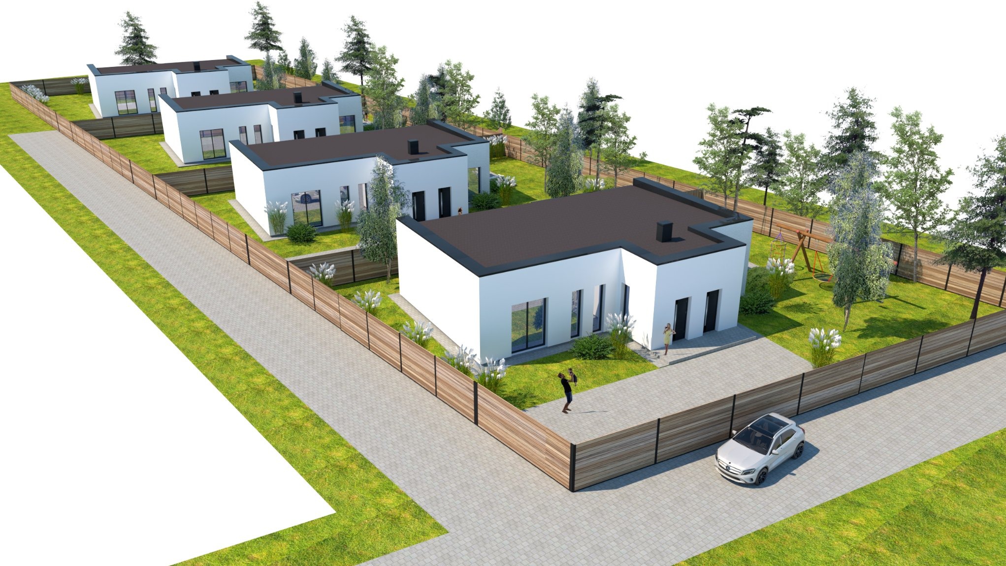 Wizualizacja osiedla domów jednorodzinnych z płaskimi dachami, drewnianymi ogrodzeniami i zagospodarowanym terenem zielonym, widok z góry z perspektywy ptaka, z zaparkowanym samochodem osobowym...