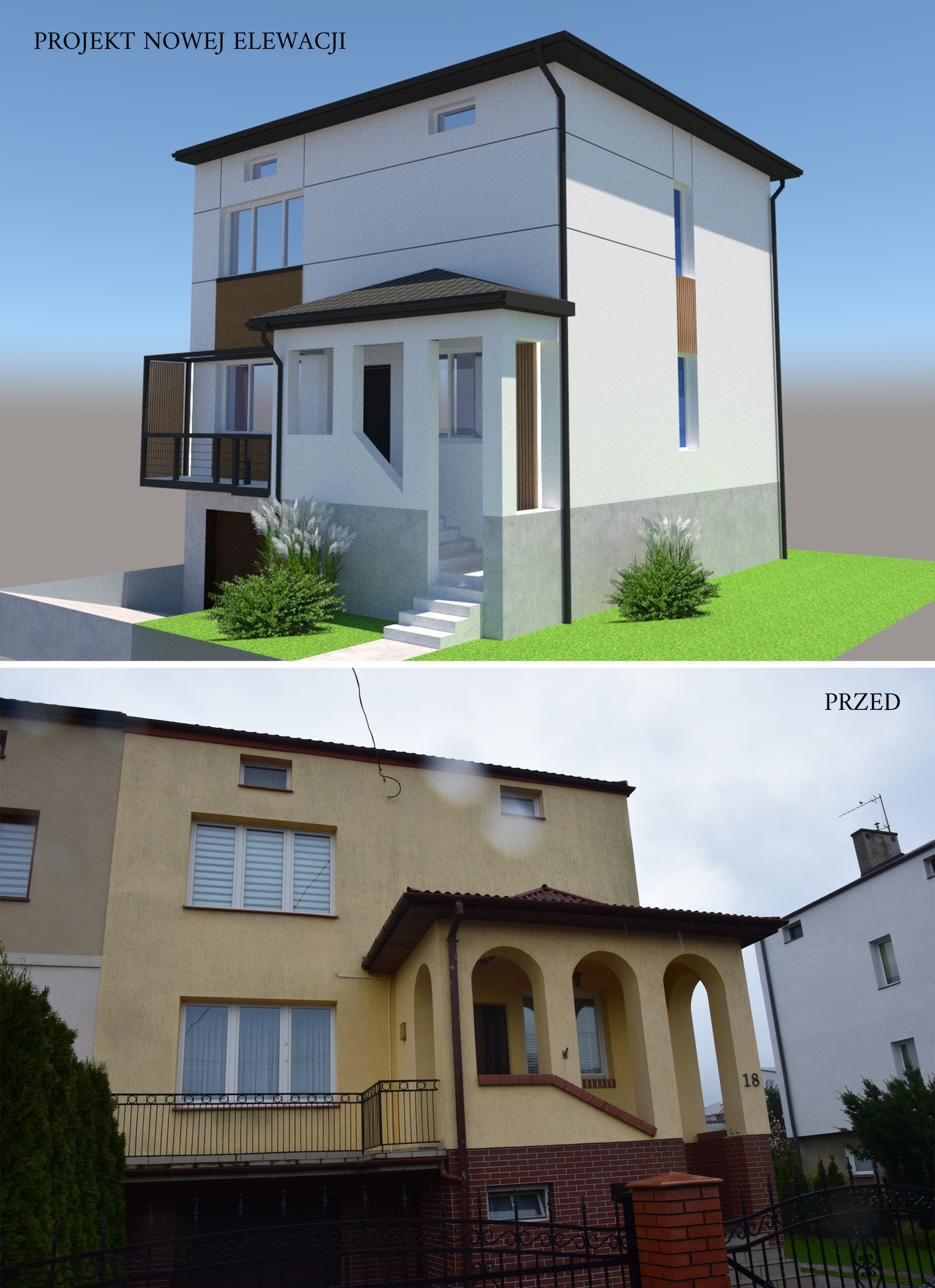 Porównanie wizualizacji 3D nowej elewacji domu z jego obecnym wyglądem, uwzględniające zmiany w kolorystyce, układzie okien i konstrukcji wejścia.