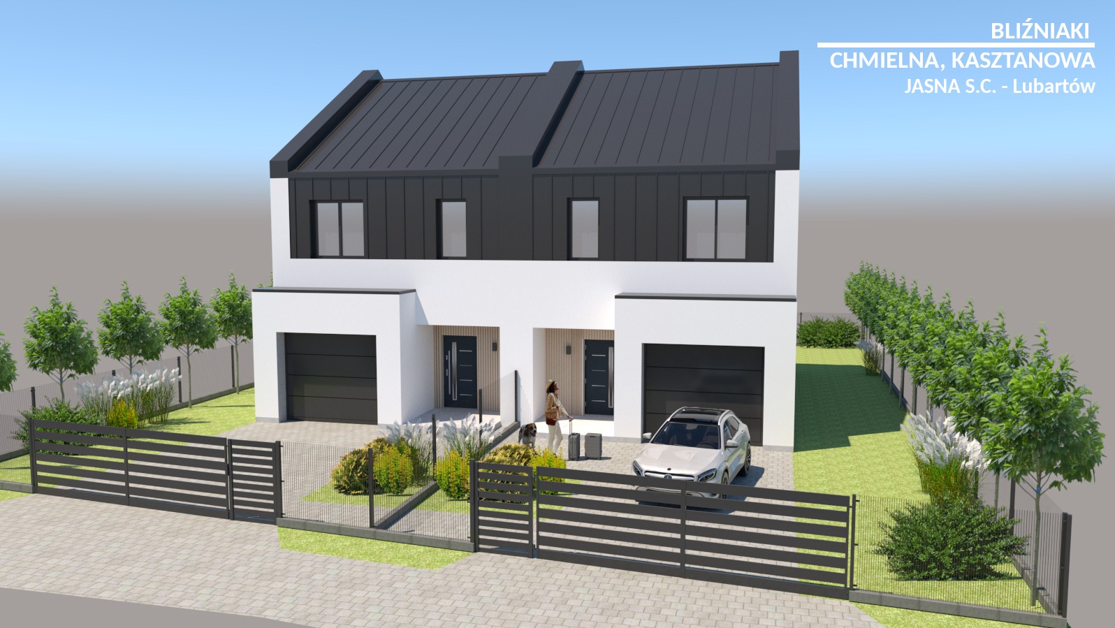 Wizualizacja bliźniaka z czarnym dachem, białymi ścianami, garażami, ogrodzeniem panelowym, samochodem i kobietą z walizkami przed wejściem.