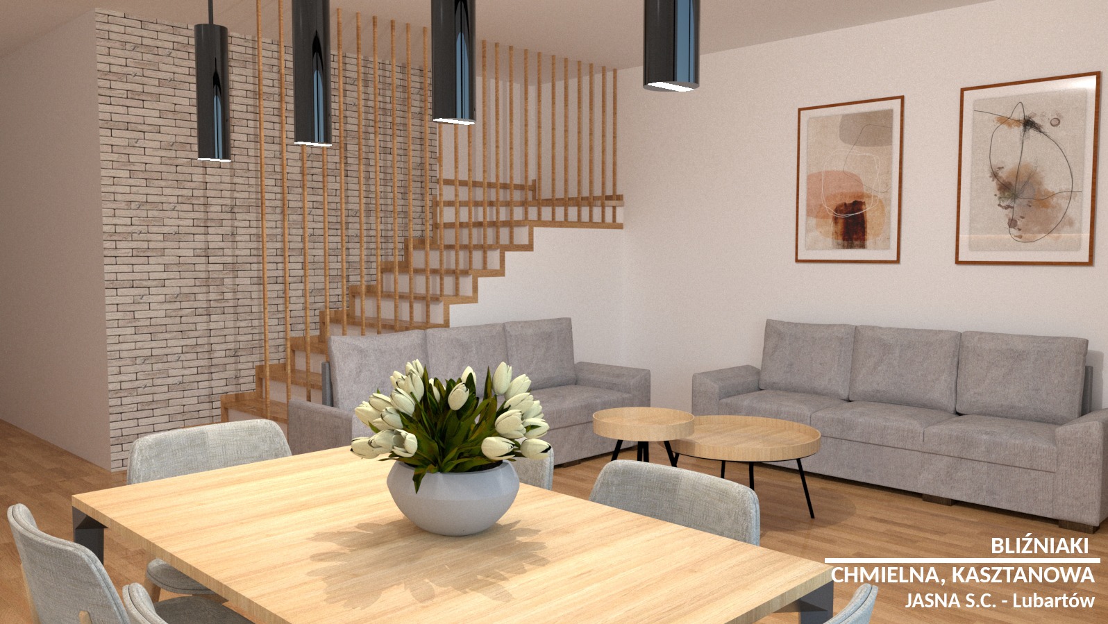 Wizualizacja salonu z drewnianymi schodami, ceglaną ścianą i szarymi sofami, na pierwszym planie stół z bukietem białych tulipanów.